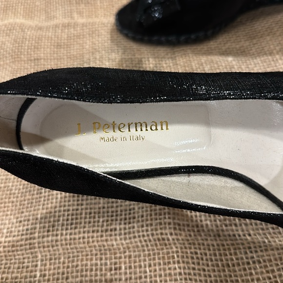 J Peterman Womens Black Wedge Espadrille Peep Toe Shoes Size 8.5 Glittery Italy. - Picture 5 of 7